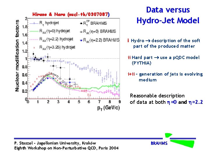 Hirano & Nara (nucl-th/0307087) Data versus Hydro-Jet Model i Hydro description of the soft