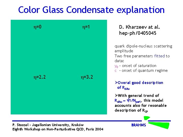 Color Glass Condensate explanation =0 =1 D. Kharzeev at al. hep-ph/0405045 quark dipole-nucleus scattering