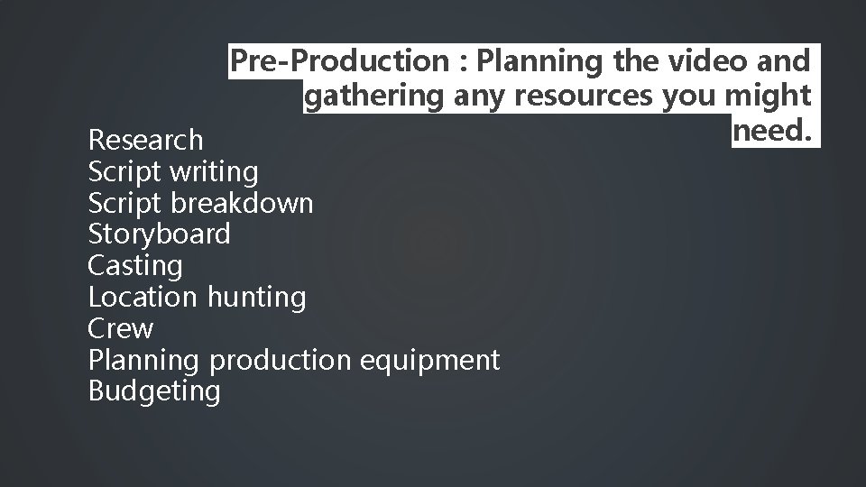 Pre-Production : Planning the video and gathering any resources you might need. Research Script