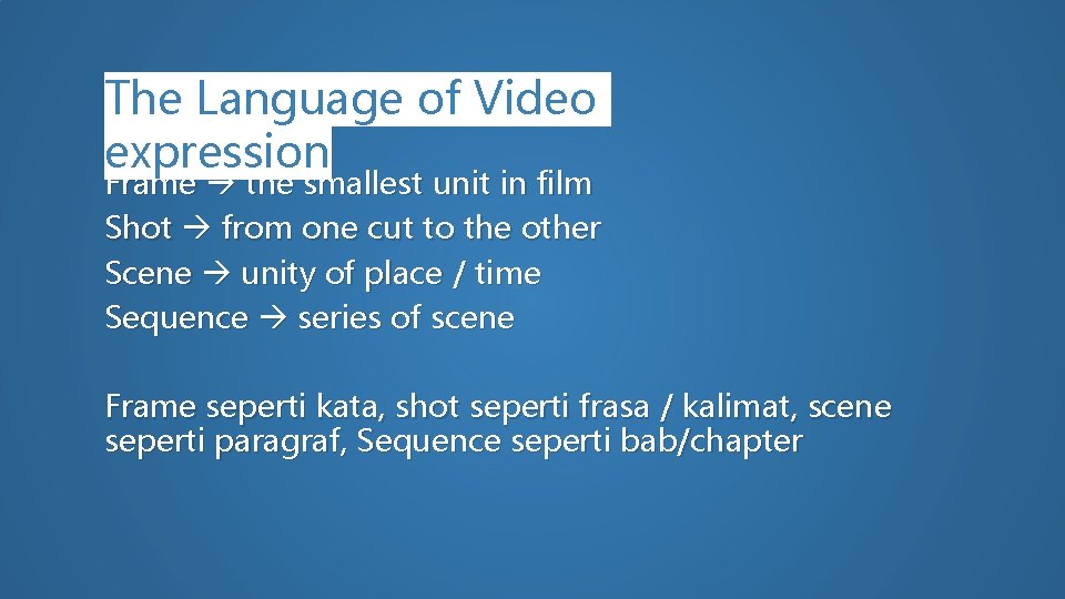 The Language of Video expression Frame the smallest unit in film Shot from one