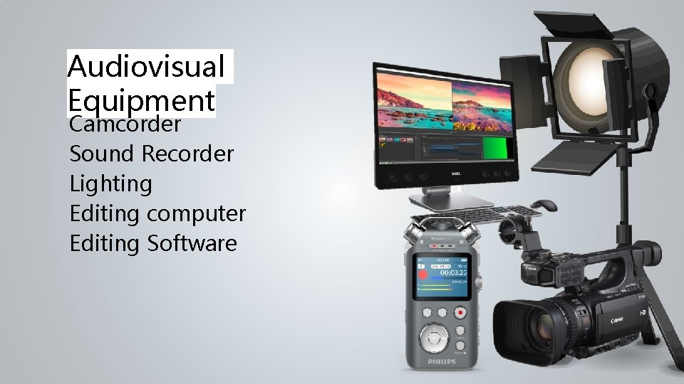 Audiovisual Equipment Camcorder Sound Recorder Lighting Editing computer Editing Software 