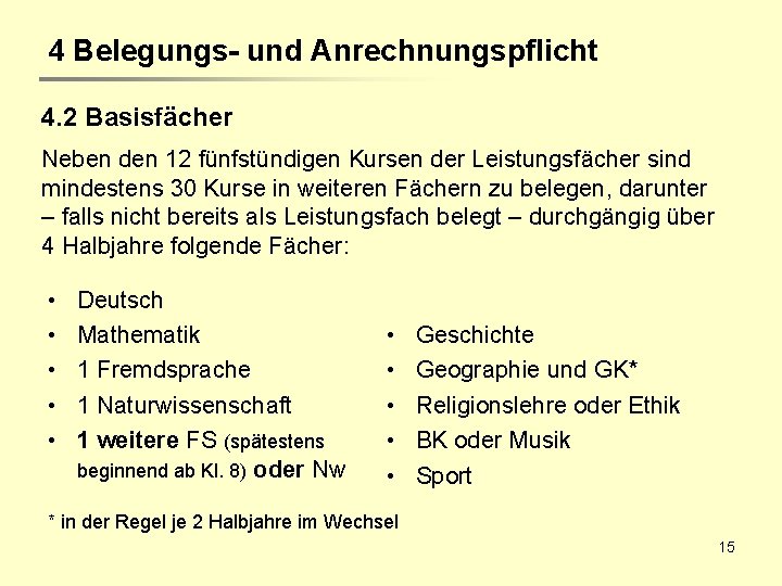 4 Belegungs- und Anrechnungspflicht 4. 2 Basisfächer Neben den 12 fünfstündigen Kursen der Leistungsfächer