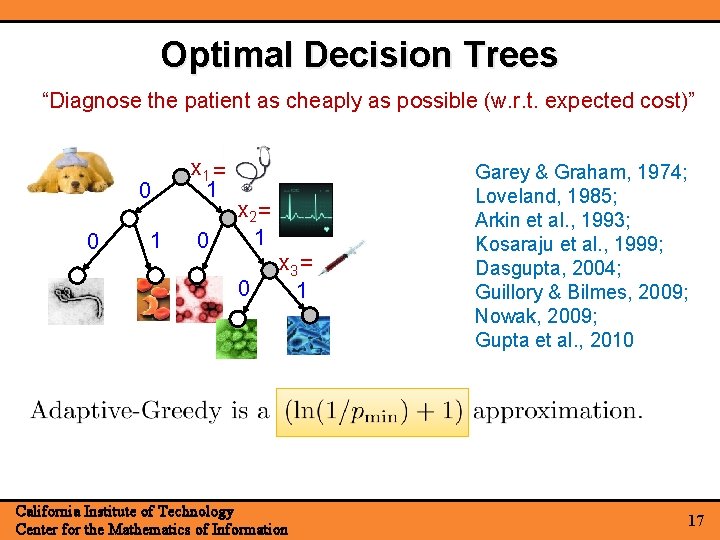 Optimal Decision Trees “Diagnose the patient as cheaply as possible (w. r. t. expected Optimal Decision Trees “Diagnose the patient as cheaply as possible (w. r. t. expected