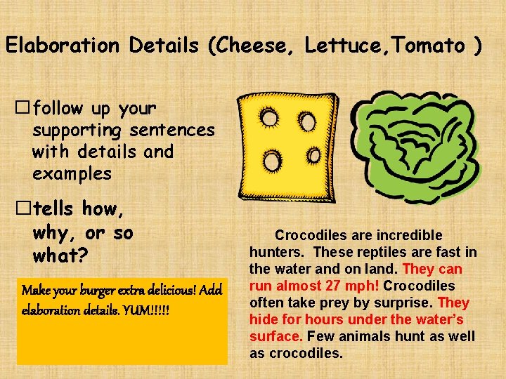 Elaboration Details (Cheese, Lettuce, Tomato ) �follow up your supporting sentences with details and