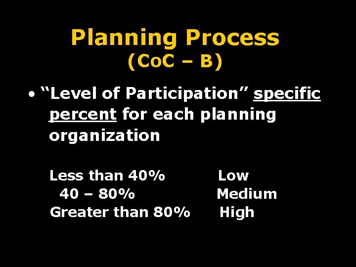 Planning Process (Co. C – B) • “Level of Participation” specific percent for each