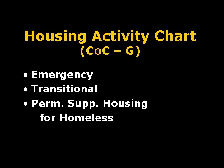 Housing Activity Chart (Co. C – G) • Emergency • Transitional • Perm. Supp.