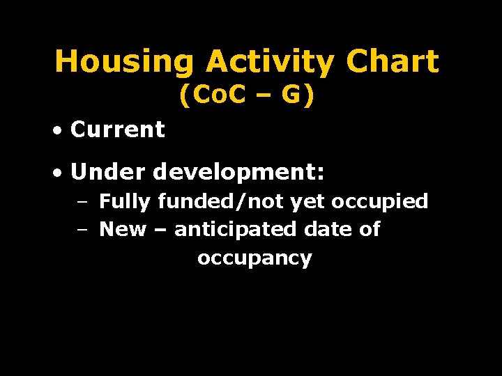 Housing Activity Chart (Co. C – G) • Current • Under development: – Fully