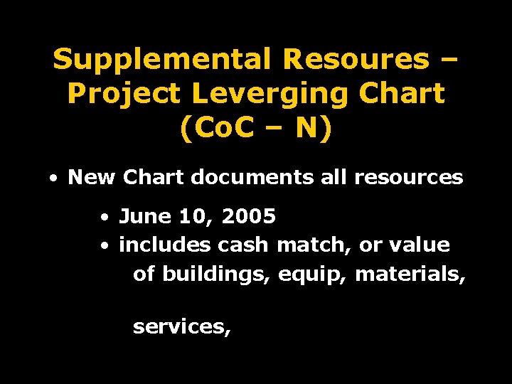 Supplemental Resoures – Project Leverging Chart (Co. C – N) • New Chart documents