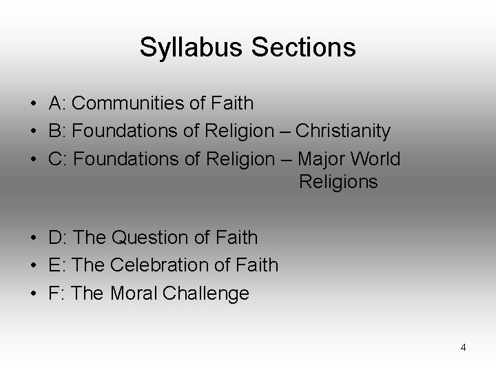 Syllabus Sections • A: Communities of Faith • B: Foundations of Religion – Christianity