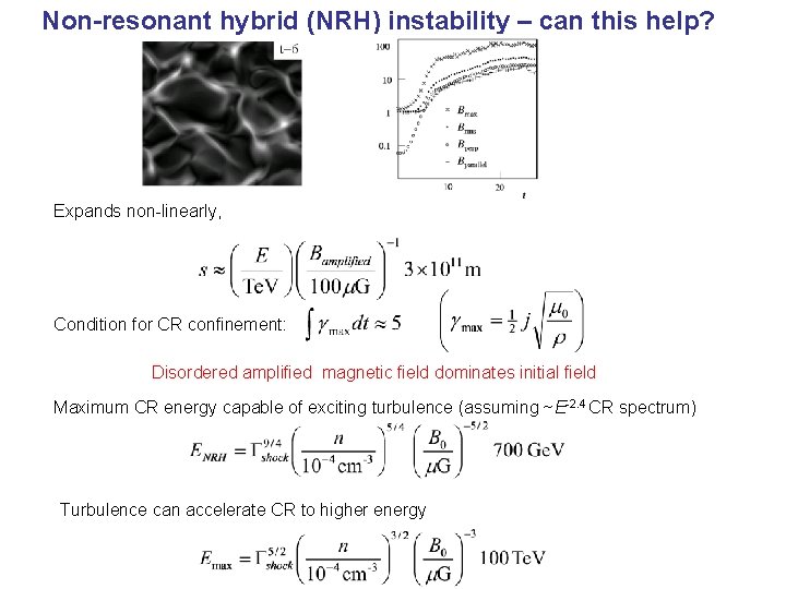 Non-resonant hybrid (NRH) instability – can this help? Expands non-linearly, Condition for CR confinement: