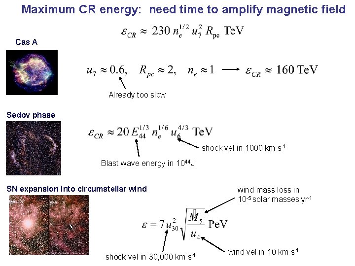 Maximum CR energy: need time to amplify magnetic field Cas A Already too slow