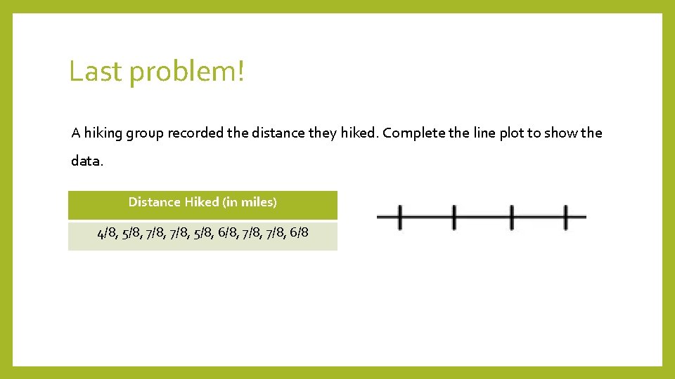 Last problem! A hiking group recorded the distance they hiked. Complete the line plot Last problem! A hiking group recorded the distance they hiked. Complete the line plot