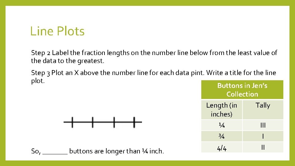 Line Plots Step 2 Label the fraction lengths on the number line below from Line Plots Step 2 Label the fraction lengths on the number line below from