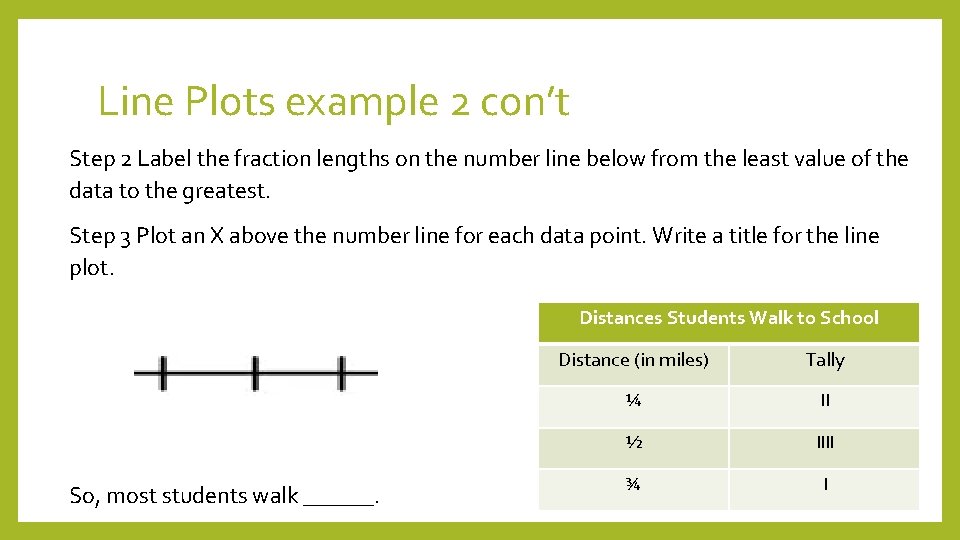 Line Plots example 2 con’t Step 2 Label the fraction lengths on the number Line Plots example 2 con’t Step 2 Label the fraction lengths on the number