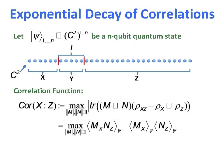 Exponential Decay of Correlations Let be a n-qubit quantum state l X Y Correlation