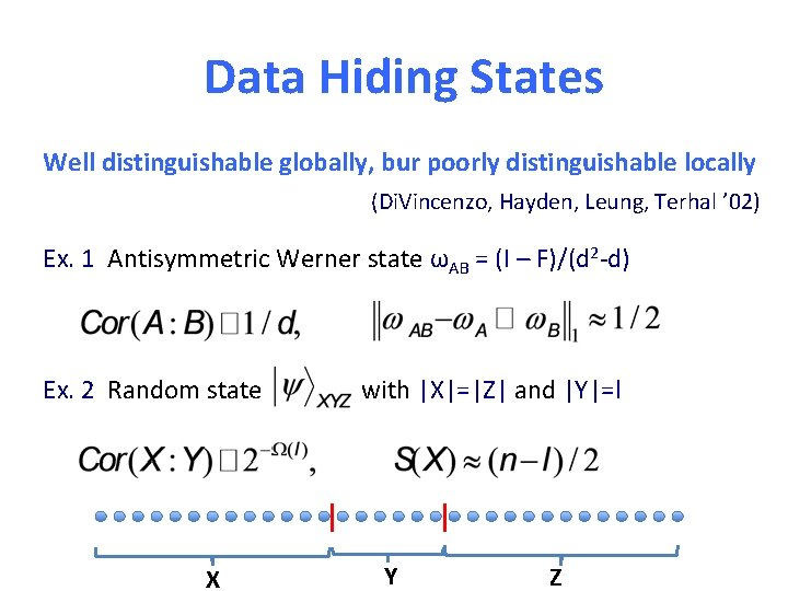 Data Hiding States Well distinguishable globally, bur poorly distinguishable locally (Di. Vincenzo, Hayden, Leung,