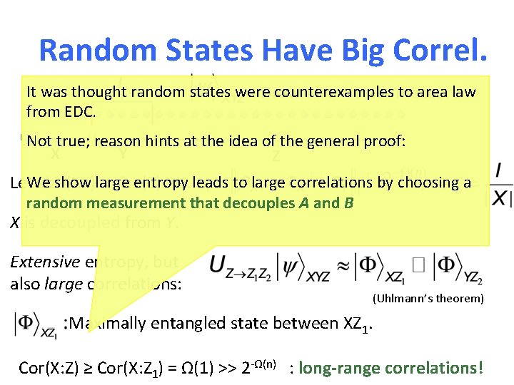 Random States Have Big Correl. l random states were counterexamples to area law It
