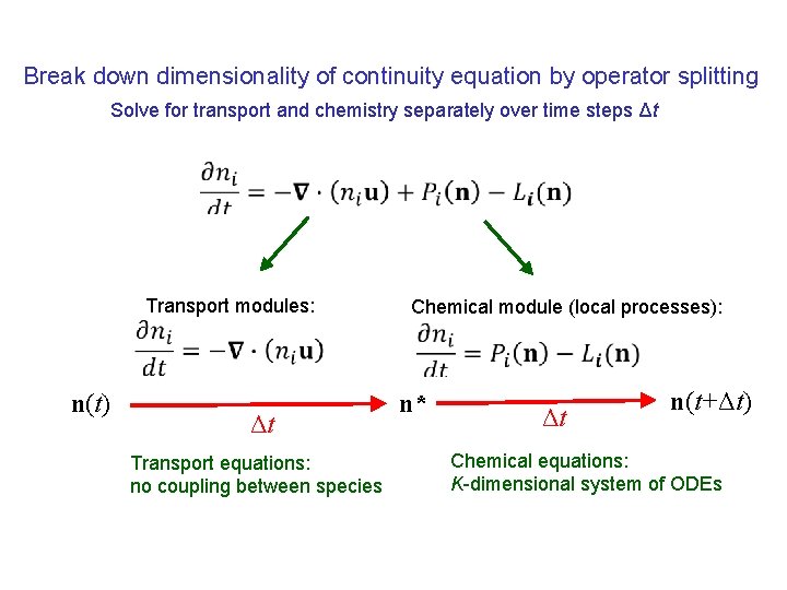 Break down dimensionality of continuity equation by operator splitting Solve for transport and chemistry