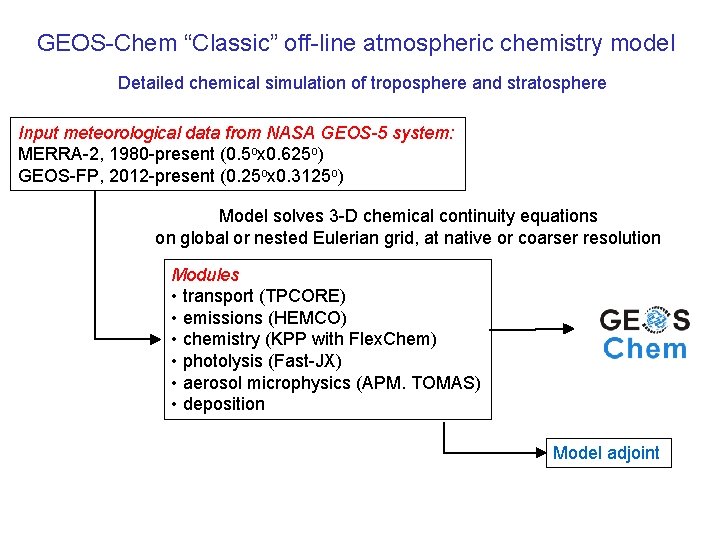 GEOS-Chem “Classic” off-line atmospheric chemistry model Detailed chemical simulation of troposphere and stratosphere Input