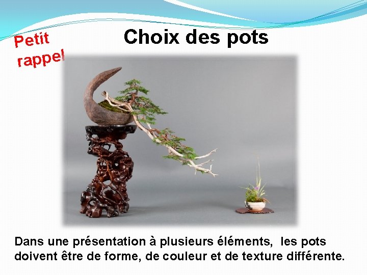 Petit rappel Choix des pots Dans une présentation à plusieurs éléments, les pots doivent