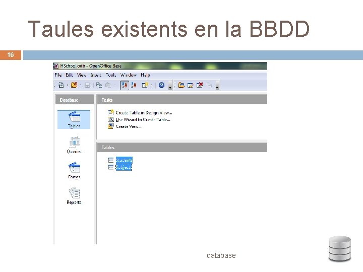 Taules existents en la BBDD 16 database 