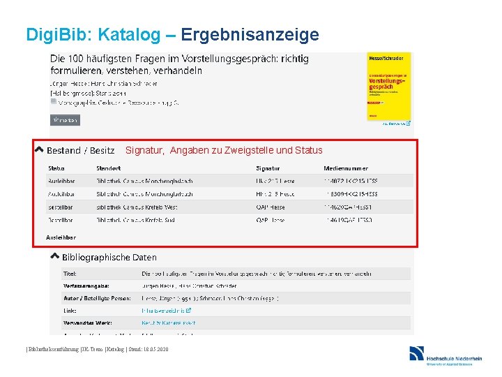 Digi. Bib: Katalog – Ergebnisanzeige Signatur, Angaben zu Zweigstelle und Status | Bibliothekseinführung |