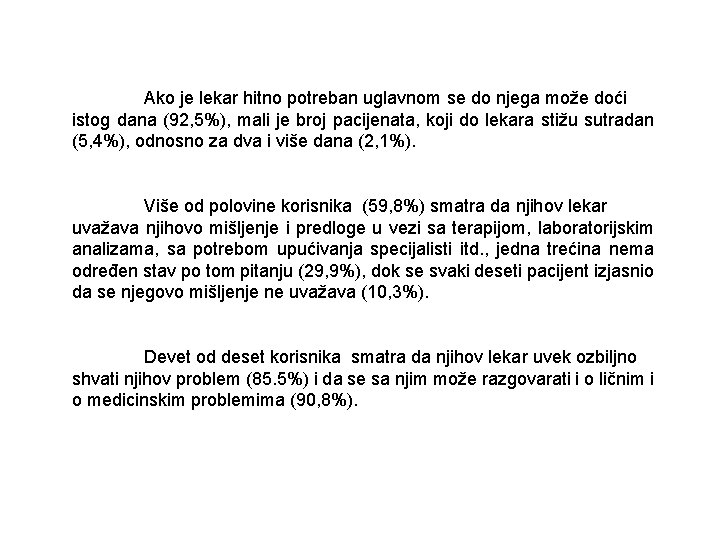 Ako je lekar hitno potreban uglavnom se do njega može doći istog dana (92,