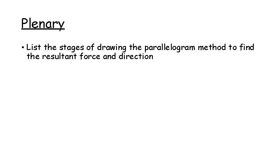 Plenary • List the stages of drawing the parallelogram method to find the resultant
