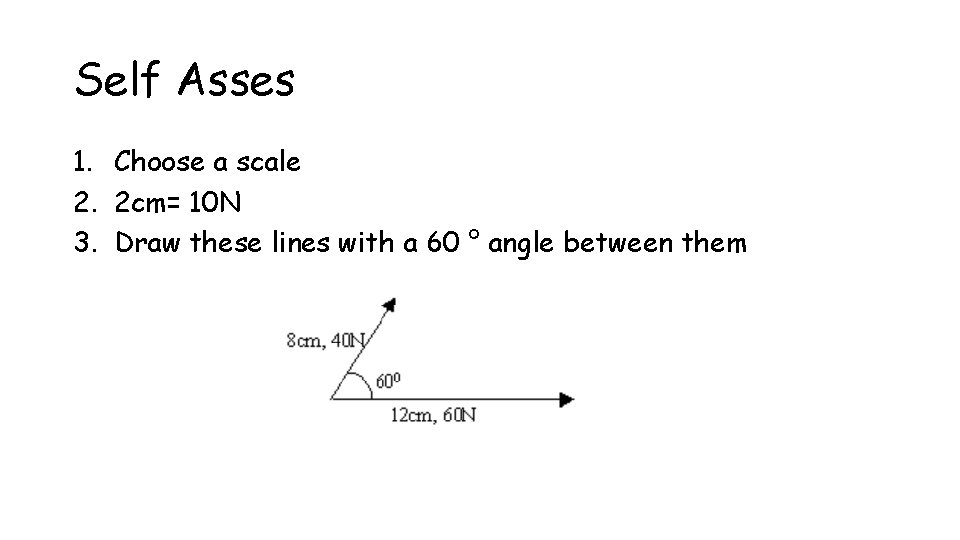 Self Asses 1. Choose a scale 2. 2 cm= 10 N 3. Draw these