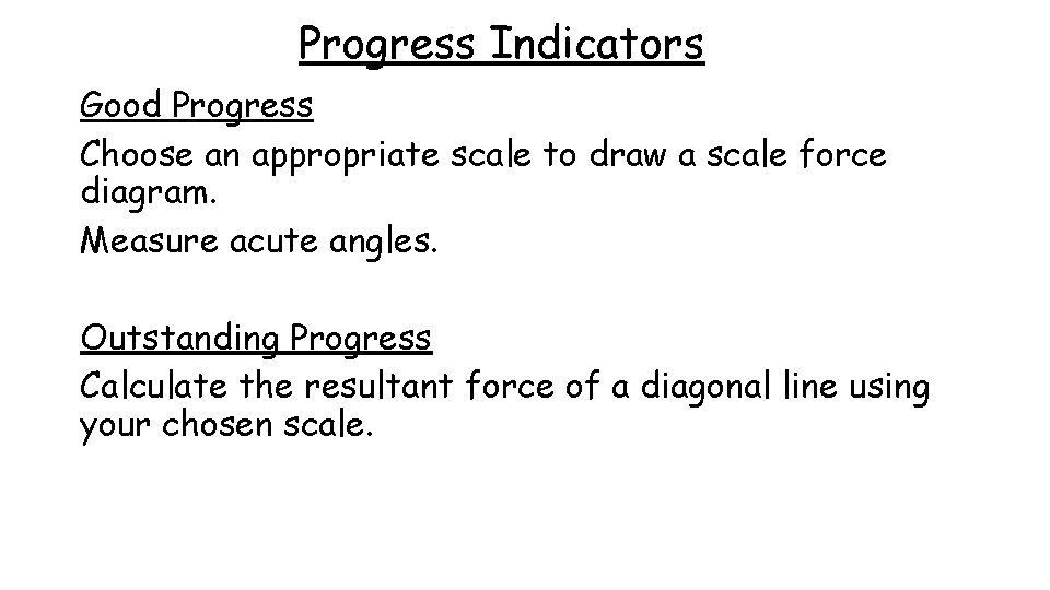 Progress Indicators Good Progress Choose an appropriate scale to draw a scale force diagram.