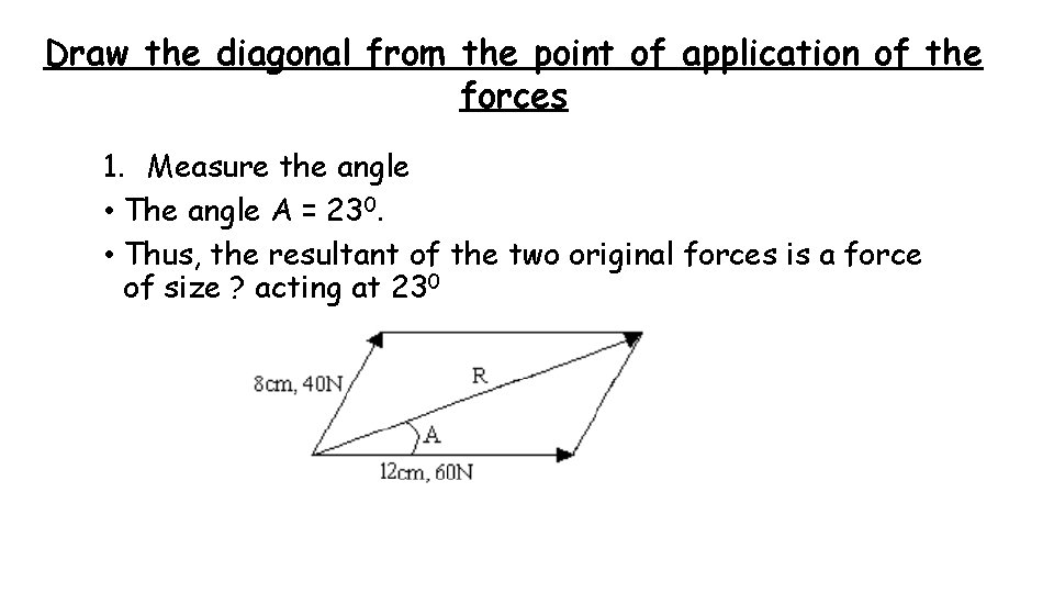 Draw the diagonal from the point of application of the forces 1. Measure the