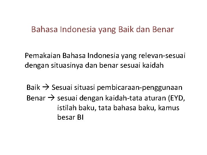 Bahasa Indonesia yang Baik dan Benar Pemakaian Bahasa Indonesia yang relevan-sesuai dengan situasinya dan