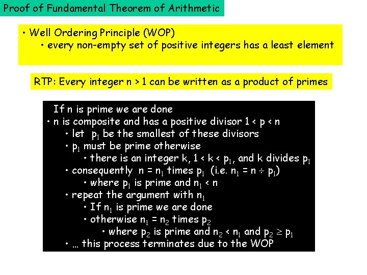 Proof of Fundamental Theorem of Arithmetic • Well Ordering Principle (WOP) • every non-empty