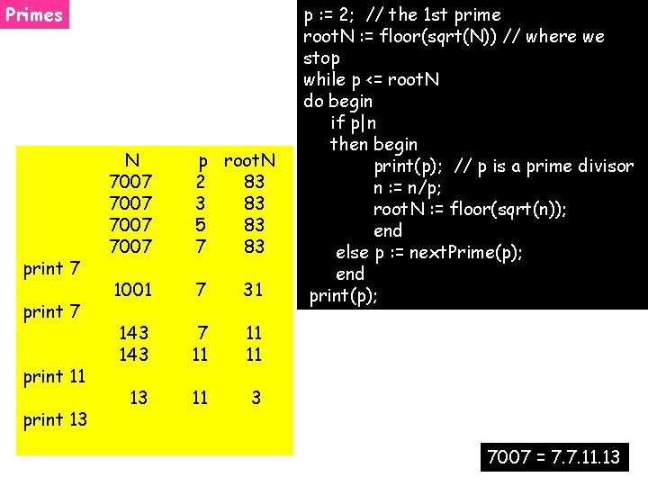 Primes print 7 print 11 print 13 N 7007 p root. N 2 83