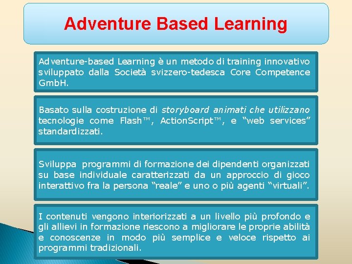 Adventure Based Learning Adventure-based Learning è un metodo di training innovativo sviluppato dalla Società