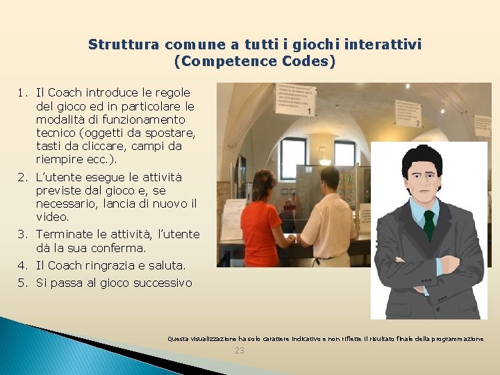 Struttura comune a tutti i giochi interattivi (Competence Codes) 1. Il Coach introduce le