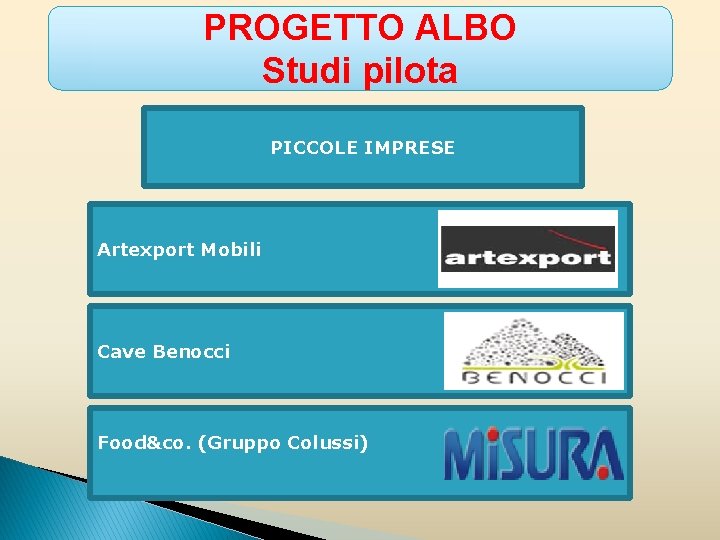 PROGETTO ALBO Studi pilota PICCOLE IMPRESE Artexport Mobili Cave Benocci Food&co. (Gruppo Colussi) 
