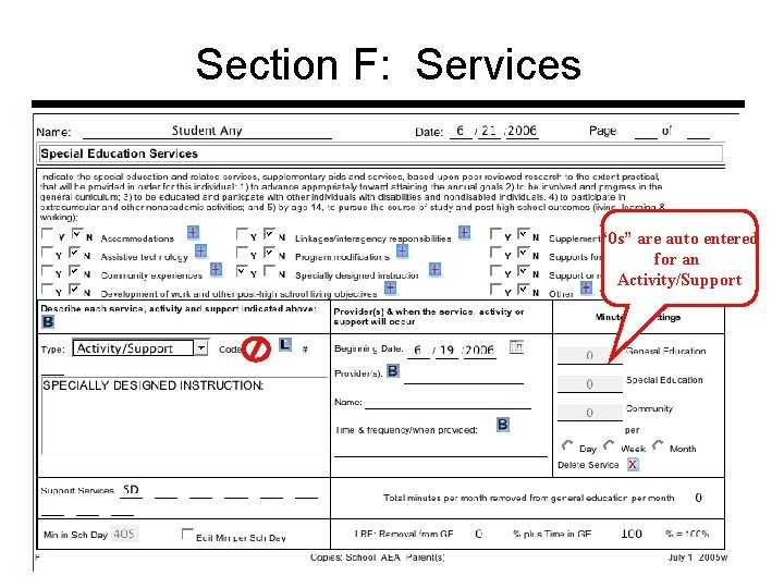 Section F: Services “ 0 s” are auto entered for an Activity/Support 