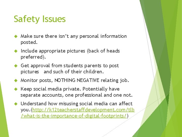 Safety Issues Make sure there isn’t any personal information posted. Include appropriate pictures (back