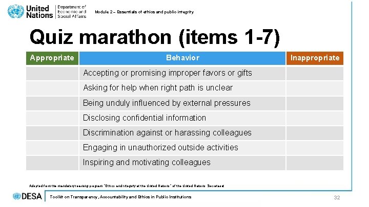 Module 2 – Essentials of ethics and public integrity Quiz marathon (items 1 -7) Module 2 – Essentials of ethics and public integrity Quiz marathon (items 1 -7)