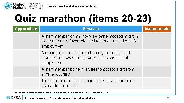 Module 2 – Essentials of ethics and public integrity Quiz marathon (items 20 -23) Module 2 – Essentials of ethics and public integrity Quiz marathon (items 20 -23)