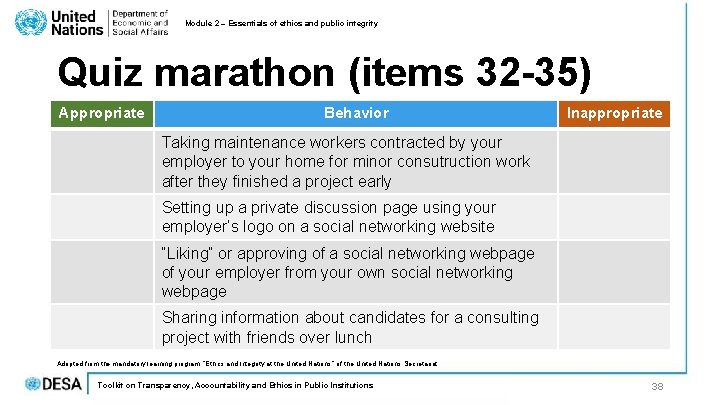 Module 2 – Essentials of ethics and public integrity Quiz marathon (items 32 -35) Module 2 – Essentials of ethics and public integrity Quiz marathon (items 32 -35)