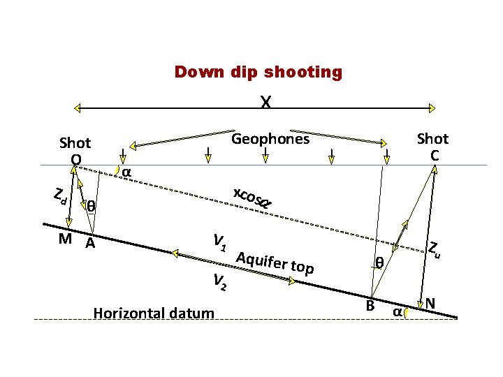 Down dip shooting x Zd Shot C Geophones Shot O α xcosa θ M