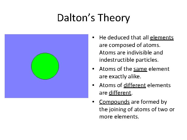 Dalton’s Theory • He deduced that all elements are composed of atoms. Atoms are