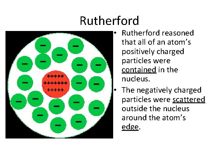 Rutherford • Rutherford reasoned that all of an atom’s positively charged particles were contained