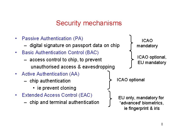 Security mechanisms • Passive Authentication (PA) ICAO – digital signature on passport data on
