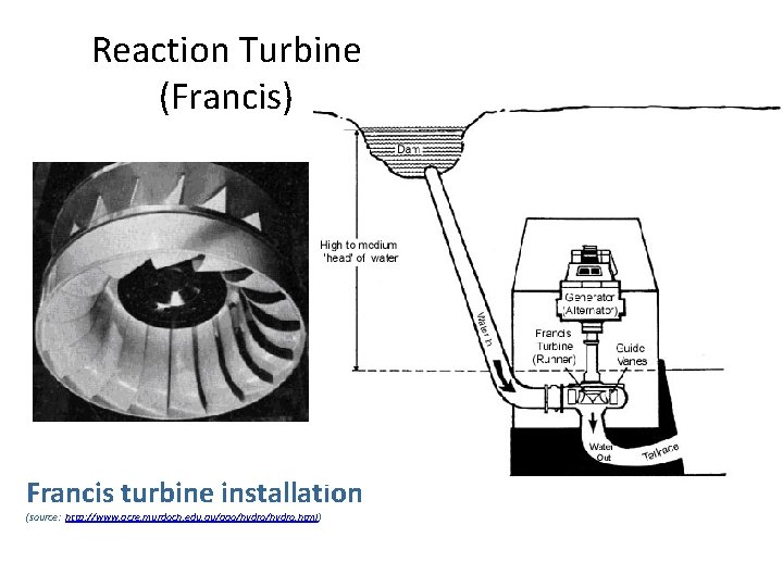 Reaction Turbine (Francis) Francis turbine installation (source: http: //www. acre. murdoch. edu. au/ago/hydro. html)