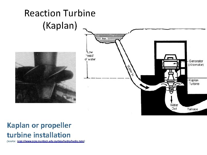 Reaction Turbine (Kaplan) Kaplan or propeller turbine installation (source: http: //www. acre. murdoch. edu.