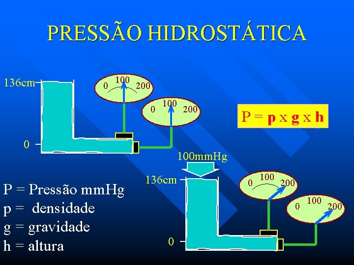 PRESSÃO HIDROSTÁTICA 136 cm 0 100 200 0 100 0 P = Pressão mm.