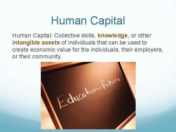 Human Capital: Collective skills, knowledge, or other intangible assets of individuals that can be